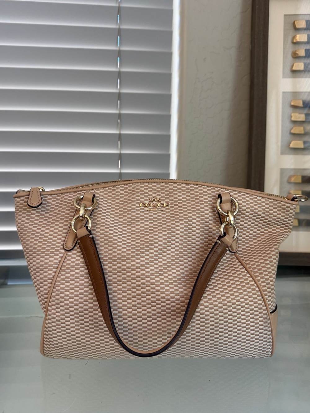 Coach Small Kelsey Satchel Beige & Brown with Gold Hardware